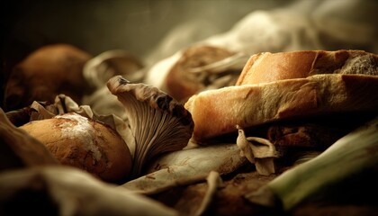 Nature morte culinaire: Champignons et pain rustique