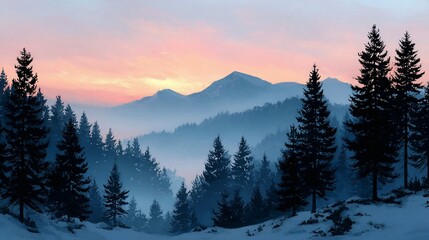 Misty mountains embrace serene twilight forest