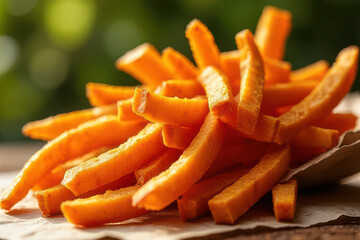Delicious Sweet Potato Fries in Sunny Backyard Brunch Corner: Clean Food Photography with Ambient Candlelight