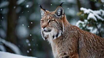 Obraz premium Lynx Prowling in Snow, Lynx walking through a snowy forest.