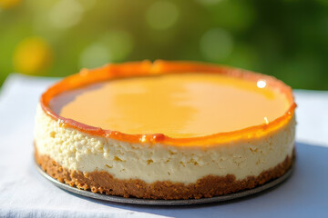 Tempting New York Cheesecake in Sunny Backyard Brunch Corner: Clean Food Photography Style