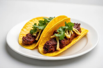 Stunning Beef Tacos on White Plate: Clean Food Photography with Colored Gel Lighting