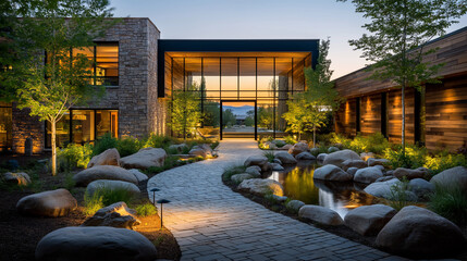 Luxury Mountain Home Exterior: A stunning modern home nestled in the mountains, features a blend of stone, wood, and glass architecture.
