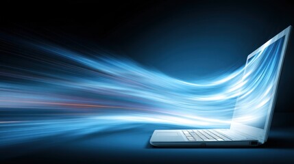 The laptop as a portal emitting the light of data and information communicates the transformative power and incredible speed of modern technology, especially computing and the internet.