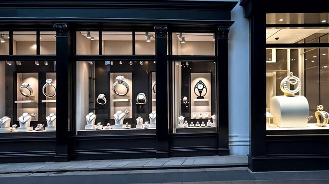 Elegant luxury watch boutique with bright interior lights and stylish display window showcasing timepieces