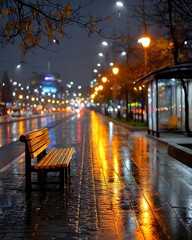 Rainsoaked city bench glistens under streetlights