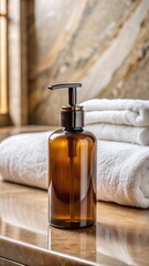 Sleek brown toiletry pump bottle in a luxurious hotel bathroom with marble countertop and soft white towels