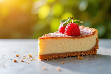 Tempting New York Cheesecake in Sunny Backyard Brunch Corner - Clean Food Photography Style