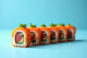 Tempting Spicy Tuna Roll: Minimalist Food Photography with Dusty Blue Background and Studio Glow
