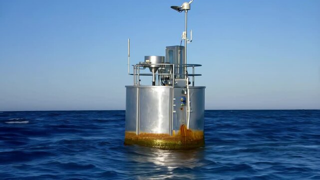 Isolated research buoy floating in deep ocean monitoring systems for climate change and weather observation studies in calm blue sea environment.
