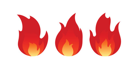 Set of fire flames in retro comic style. Perfect for camping, survival, tattoo or graphic branding elements. Fire flame icons set in vintage retro style. Hand drawn fire icons