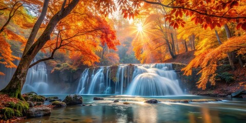 Warm sunlight filters through autumn orange leaves of trees surrounding a serene waterfall, creating a picturesque scene of nature's beauty , autumn, tree branches
