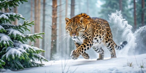 Obraz premium Majestic Amur leopard pounces on snow-covered forest floor amidst tall evergreen trees and dense underbrush in the early morning mist , leopards, cold weather