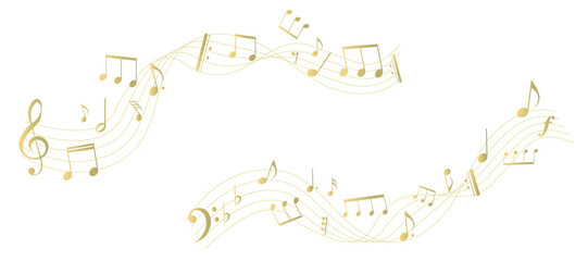 ゴールドの楽譜のフレームイラスト　五線譜　背景イラスト　音符、休符、音楽記号のイラスト © gelatin