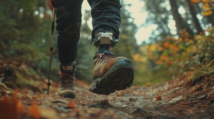 Person with prosthetic leg hiking