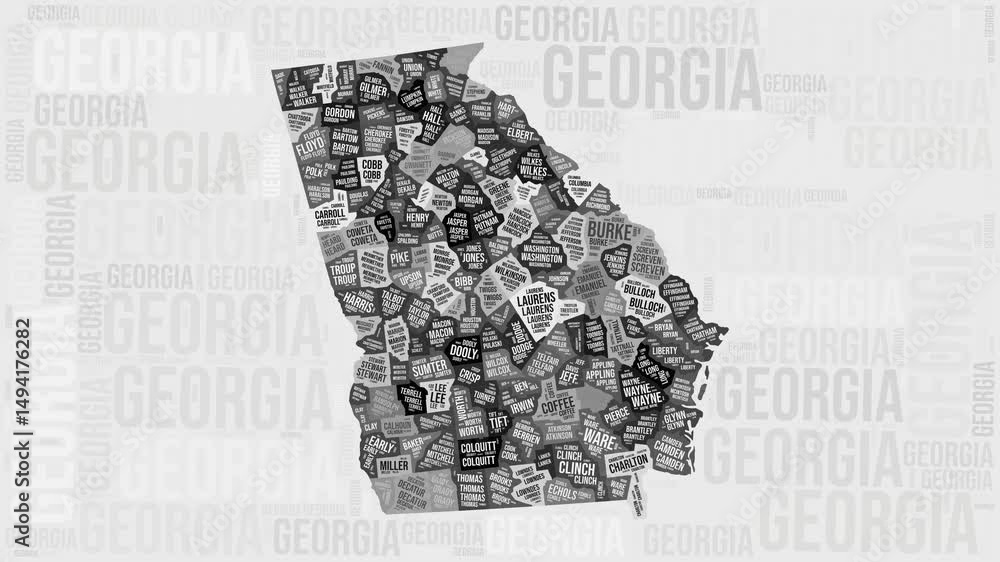 Poster georgia animation. visual effect of georgia counties appearing in black and white word clouds style.
