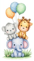 Naklejka premium Adorable Cartoon Elephant, Koala, and Giraffe with Pastel Balloons