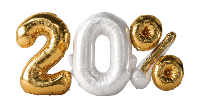 Twenty percent off sale balloon promotion golden and white foil balloons discount offer celebration on transparent background