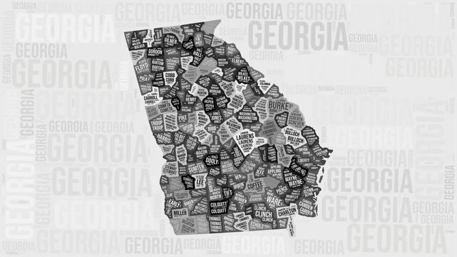 Georgia Animation. Visual effect of Georgia counties appearing in black and white word clouds style. State intro video. Modern Animated Motion Graphics.