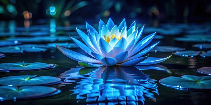 A bioluminescent blue water lily flower blooms in the dark waters of a serene lake at night, its glowing petals illuminating the surrounding vegetation , botanical, nature