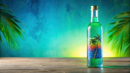 A glass bottle filled with a vibrant tropical alcohol beverage containing bright green and blue hues with an eye-catching colorful label adorned on the side , clear liquid, glass bottle