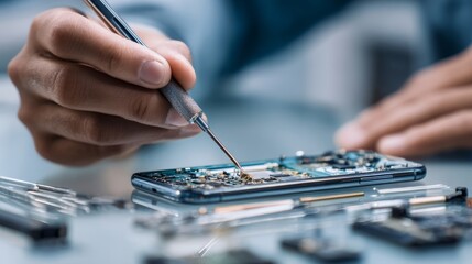 Skilled technician repairing
smartphone with precision tools
on clean workspace, close-up of
Skilled technician repairing
smartphone with precision tools
on clean workspace, close-up of
intricate comp