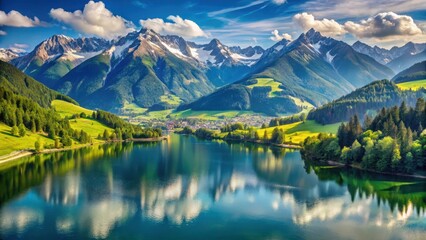 Fototapeta premium Panoramic Alpine landscape with majestic mountain peaks and serene lake in Zell am See district
