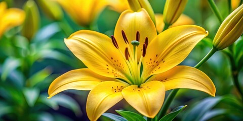 Close-up of a vibrant yellow lily flower, Yellow Lily, Green Leaves