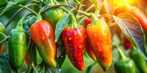 Close-up of a lush green chili plant with vibrant red and orange hues, its plump fruit glistening with dew, as the first signs of ripeness begin to appear , harvest ready, chili plants
