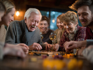 Multi-Generational Family Playing Board Game Together and Sharing Joyful Moments