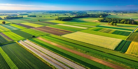 Fototapeta premium Aerial view of neatly organized crop rows in a rural farming area with lush green fields and clear blue sky, showcasing the beauty of agriculture and nature , countryside, farm