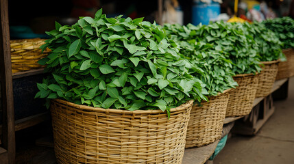 Fresh green leafy vegetables in woven baskets at a market.  Vibrant colors and textures highlight the abundance of produce.