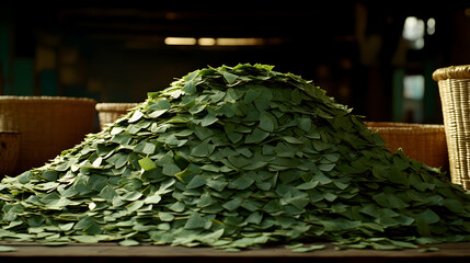 A large pile of dried green leaves sits on a wooden surface, with blurred wicker baskets in the background, suggesting a harvest or processing scene.