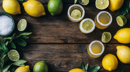 Citrus Tequila Shots on Rustic Wood Table &ndash; National Tequila Day Concept