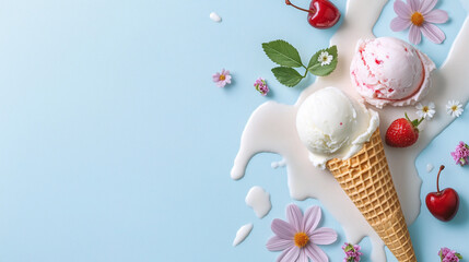 National Ice Cream Day Background - Melting Vanilla Ice Cream with Cone, Berries, and Flowers on Blue Background