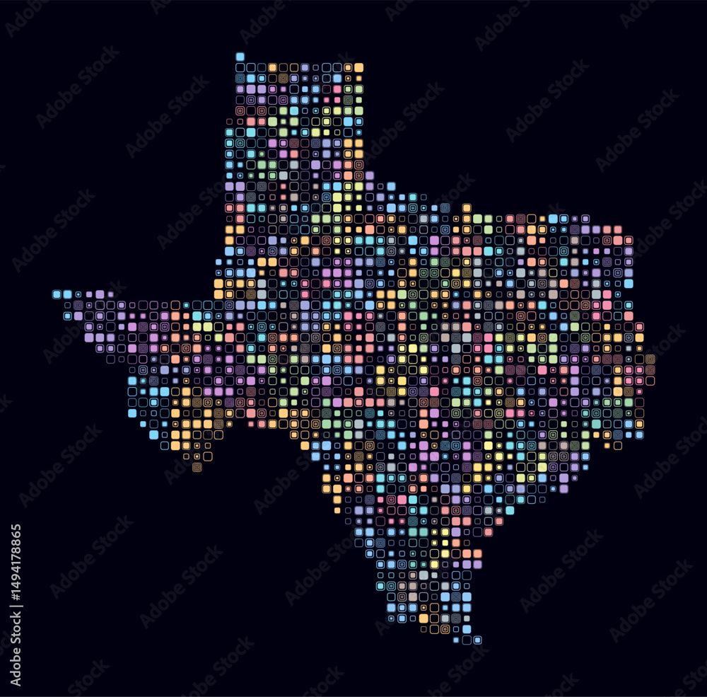 Poster texas, shape of the state build of colored cells. digital style map of the texas on dark background.