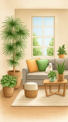 Bright Living Room Interior with Potted Plants and Small Dog