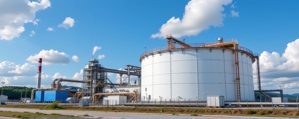 Industrial gas storage facility under blue sky with clouds and clear day, modern technology and infrastructure in energy sector