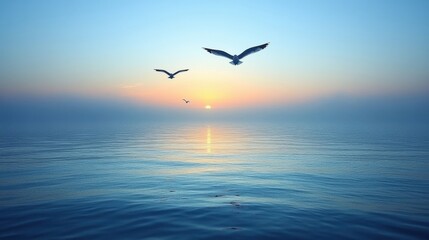 Obraz premium Seascape Featuring Two Birds Flying Over the Sea with Pastel Sunset
