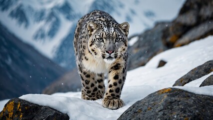 Fototapeta premium Snow Leopard in Mountains. Snow leopard walking in a snowy mountain landscape