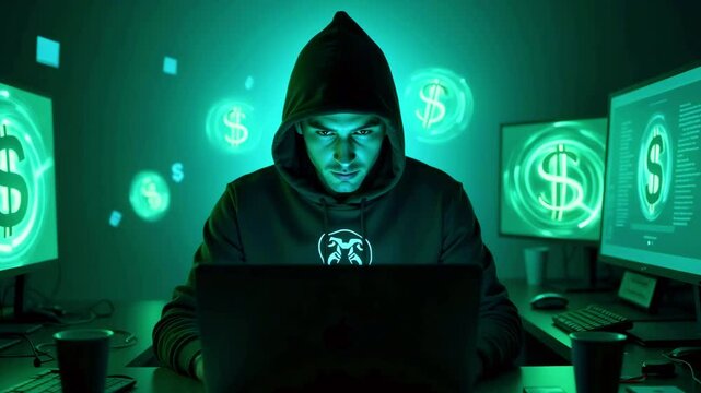 A focused individual in a hoodie works on a laptop surrounded by glowing dollar signs and screens