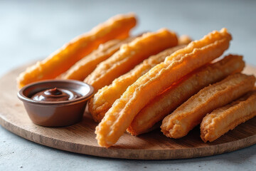 Delicious Churros with Chocolate Dip on Rustic Table in Clean Food Photography Style