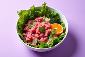 Tempting Tuna Poke Bowl: Botanical Brunch Corner, Soft Lilac Background, Clean Food Photography, Colored Gel Lighting Radiance