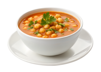 Chickpea soup in a white bowl isolated on transparent background
