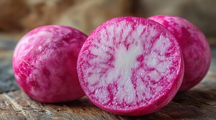 Pink radish slices on rustic wooden surface