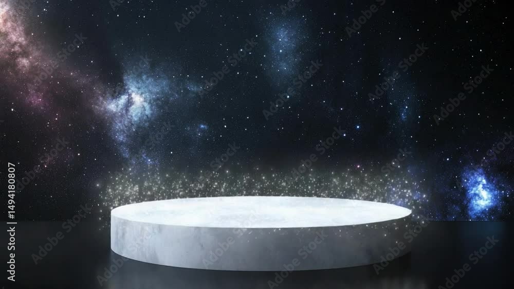 Poster abstract space scene with galaxy background and empty round pedestal for product display or creative