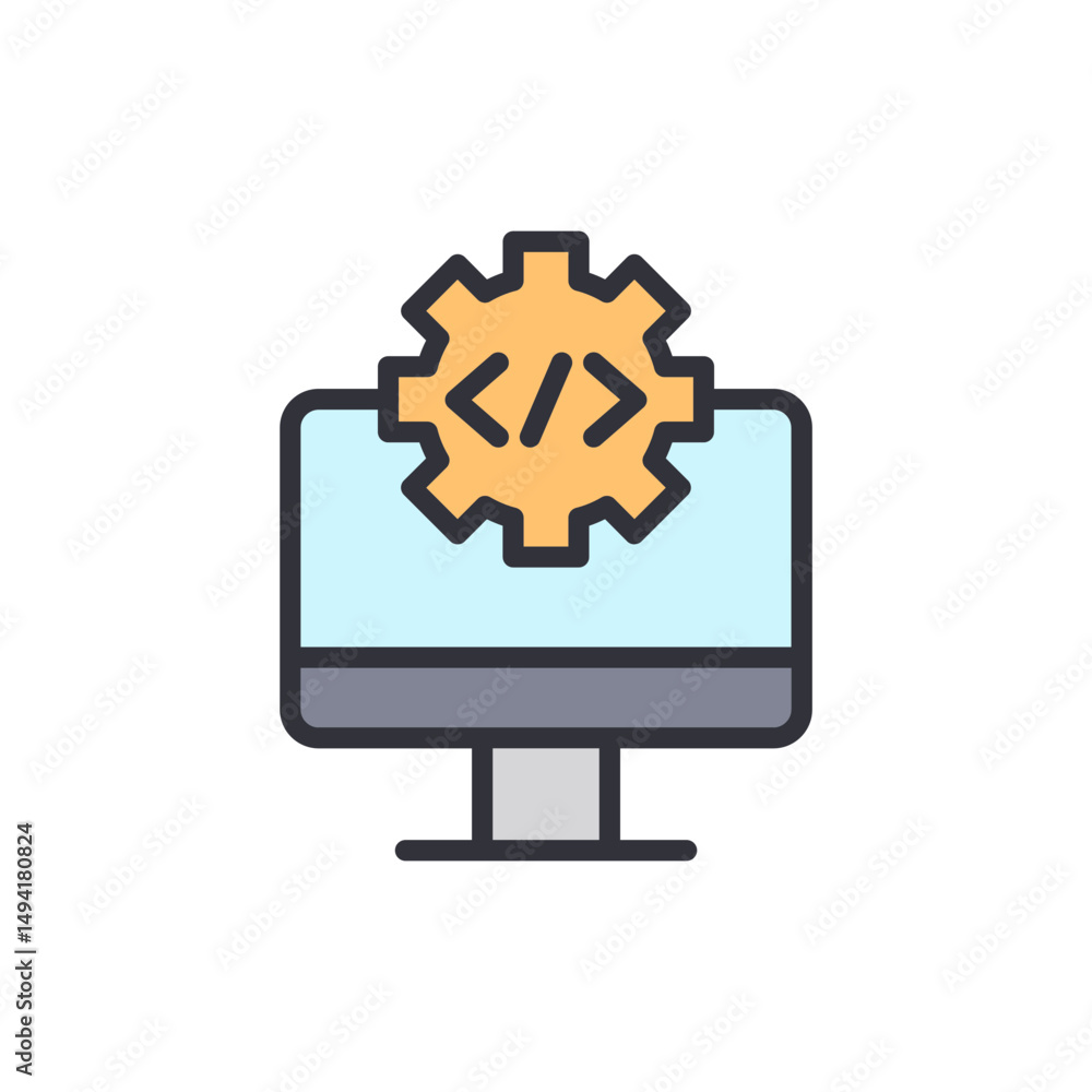 Poster concept of software development with gear and code on the screen