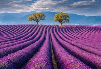 Lavender Field With Two Trees And Mountain Range View