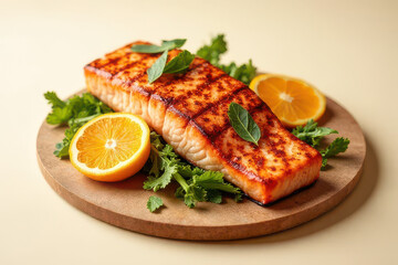 Grilled Salmon Botanical Brunch: Creamy Background, Softbox Lighting, Clean Food Photography