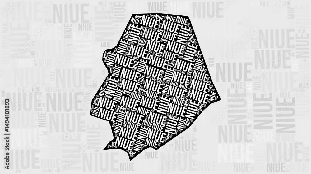 Poster niue animation. visual effect of niue regions appearing in black and white word clouds style. countr